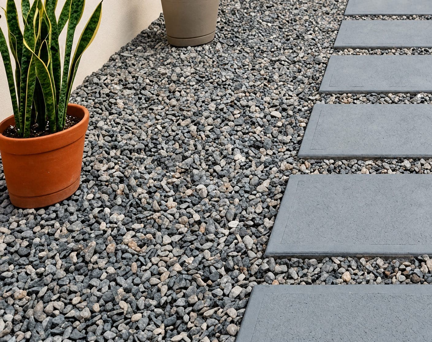 Camino de placas de concreto sobre grava gris con macetas