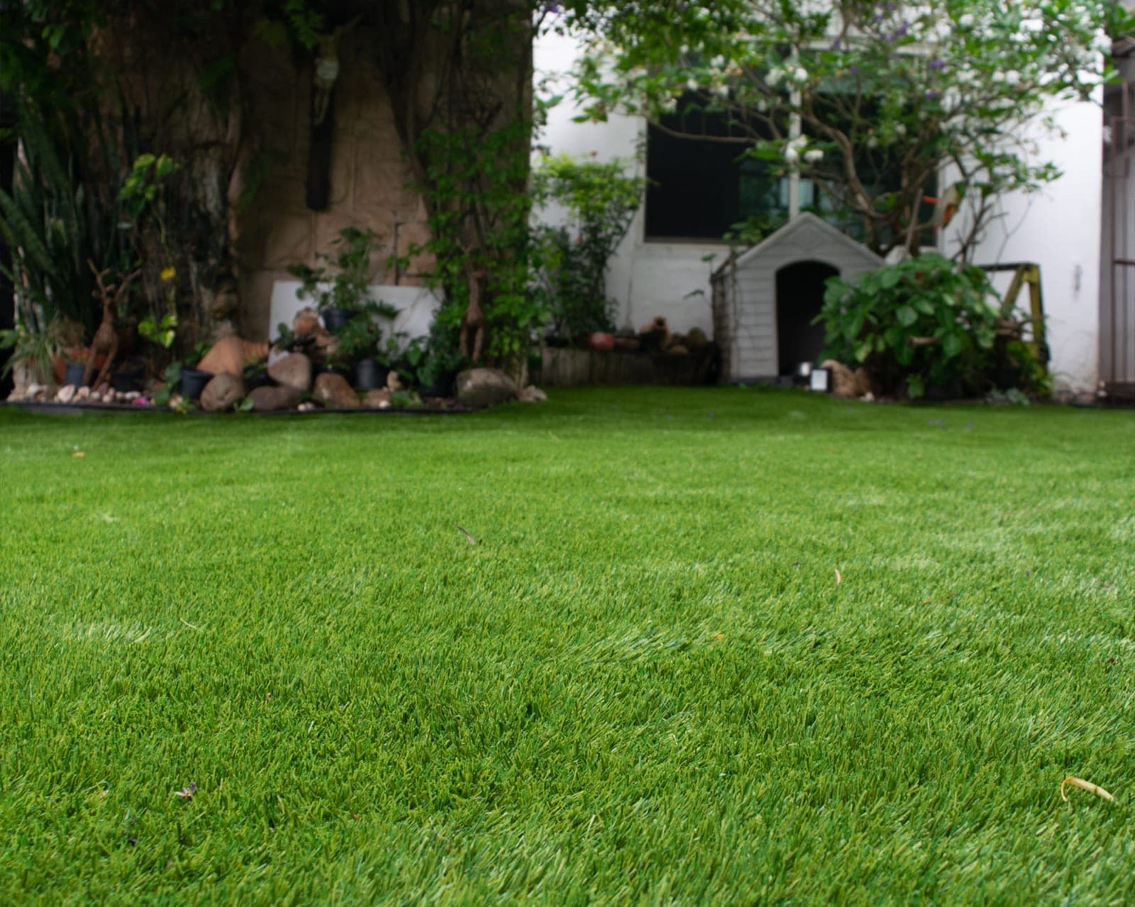 Patio con pasto sintético y casa para perro al fondo