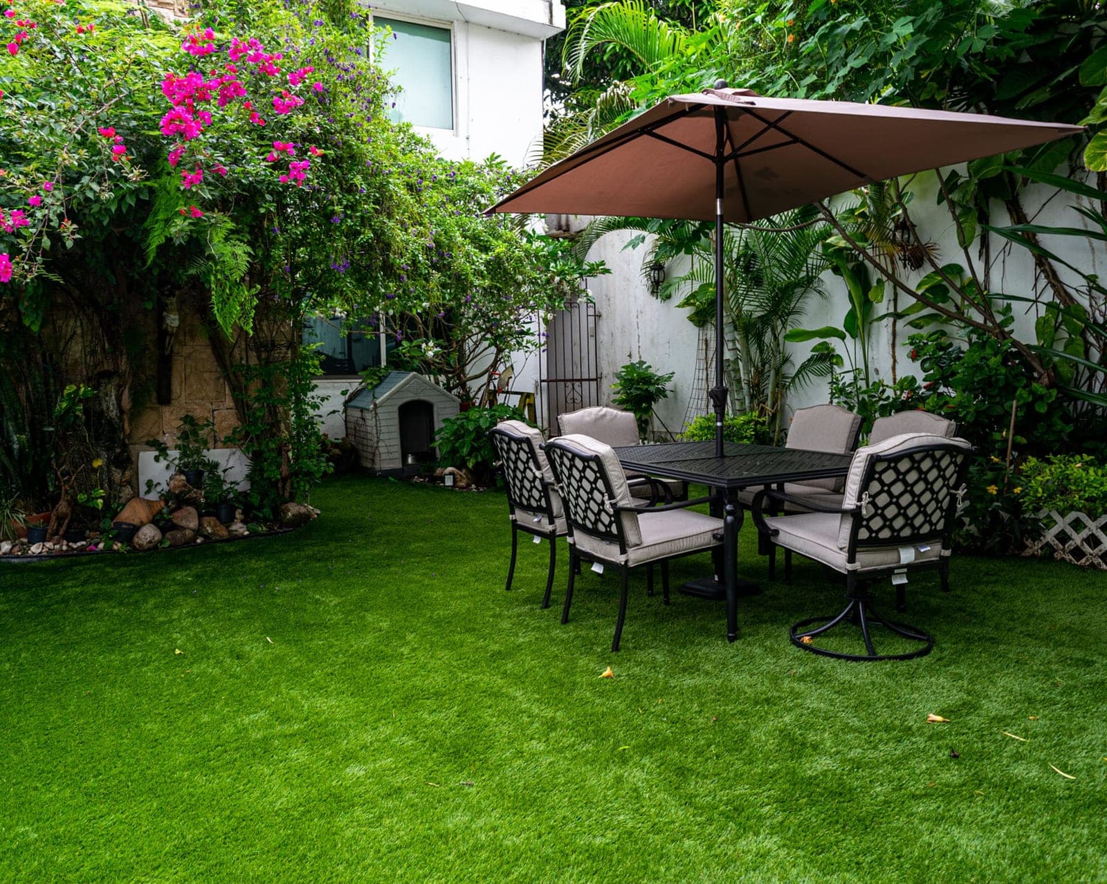 Jardín con pasto sintético, comedor exterior con sombrilla y buganvilia