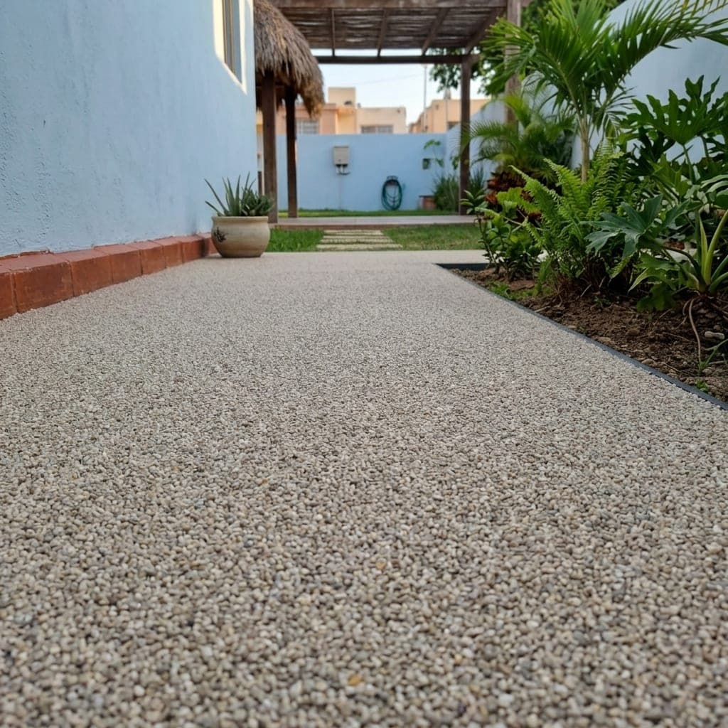 Pasillo exterior con piso de granito granulado gris