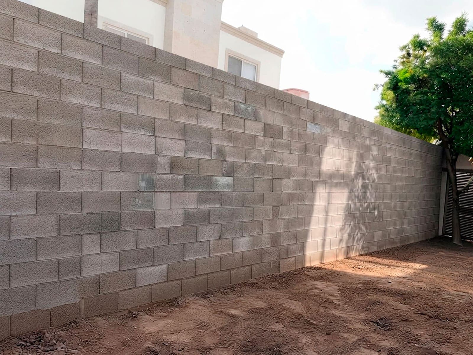Patio con barda de block gris sin acabado y piso de tierra, antes del proyecto