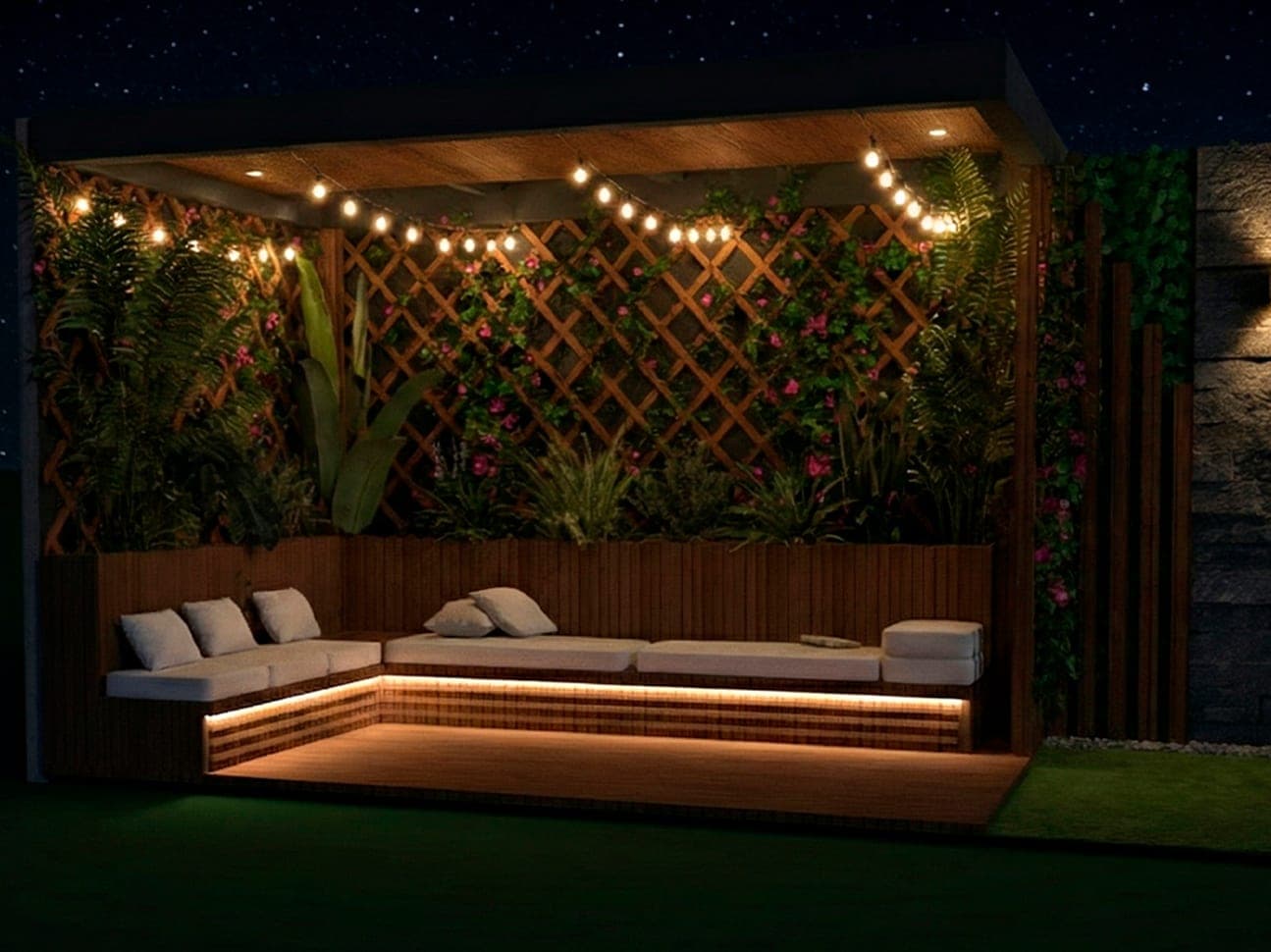 Render de la propuesta: terraza con pérgola, bancas iluminadas y celosía con plantas